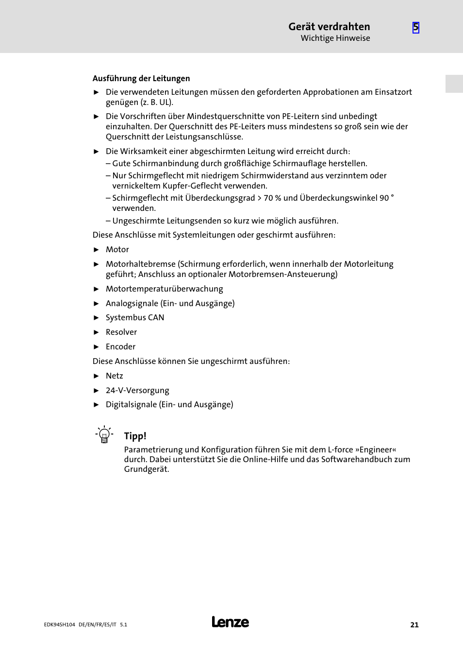 Gerät verdrahten | Lenze E94ASHE Axis Single Drive 32-104A User Manual | Page 21 / 216