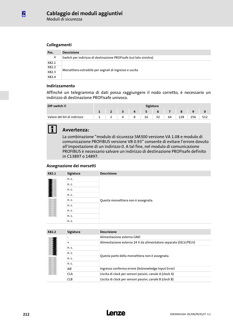 Cablaggio dei moduli aggiuntivi, Avvertenza | Lenze E94ASHE Axis Single Drive 32-104A User Manual | Page 212 / 216