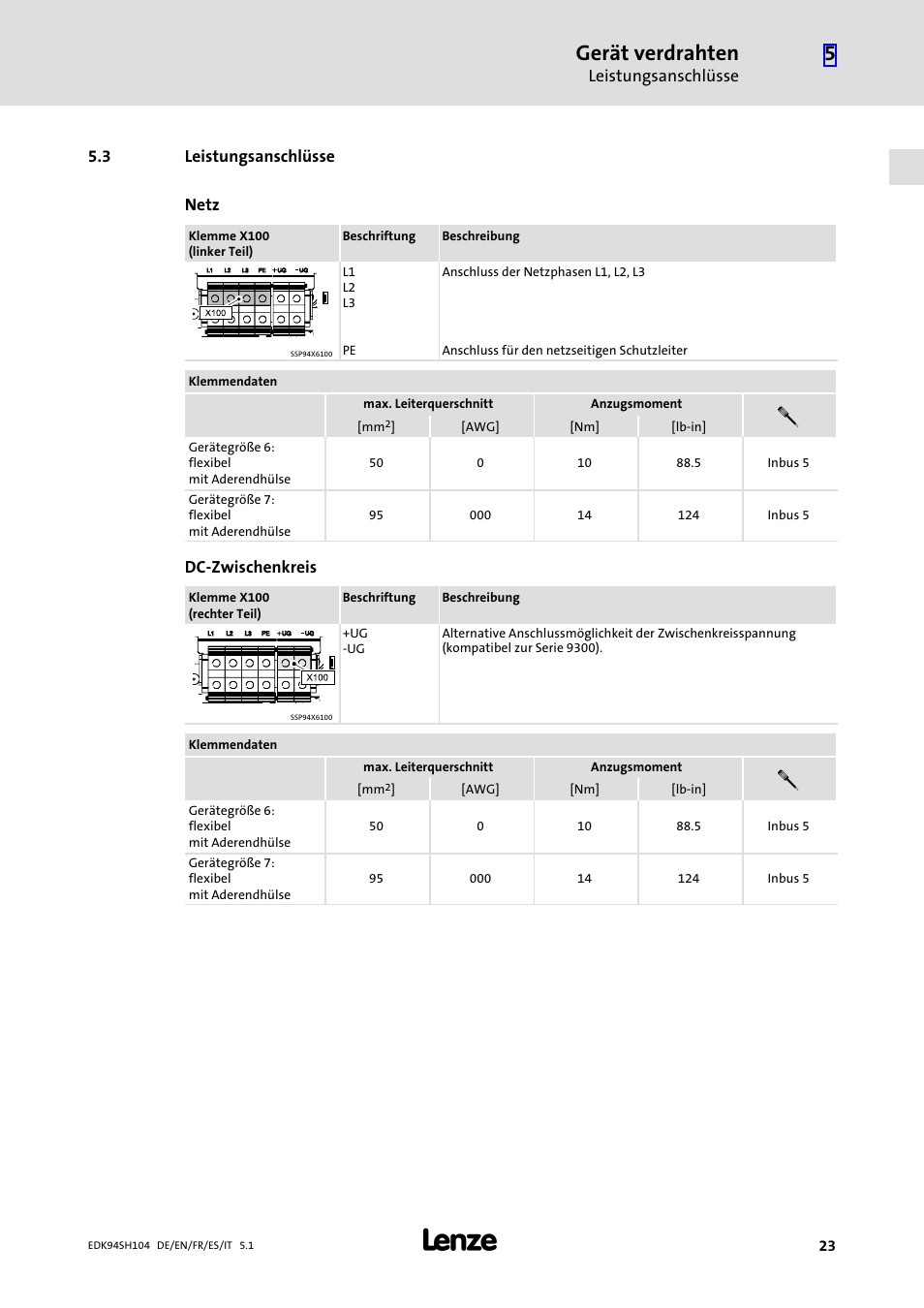 3 leistungsanschlüsse, Leistungsanschlüsse, Gerät verdrahten | Lenze E94ASHE Axis Single Drive 32-104A User Manual | Page 23 / 216