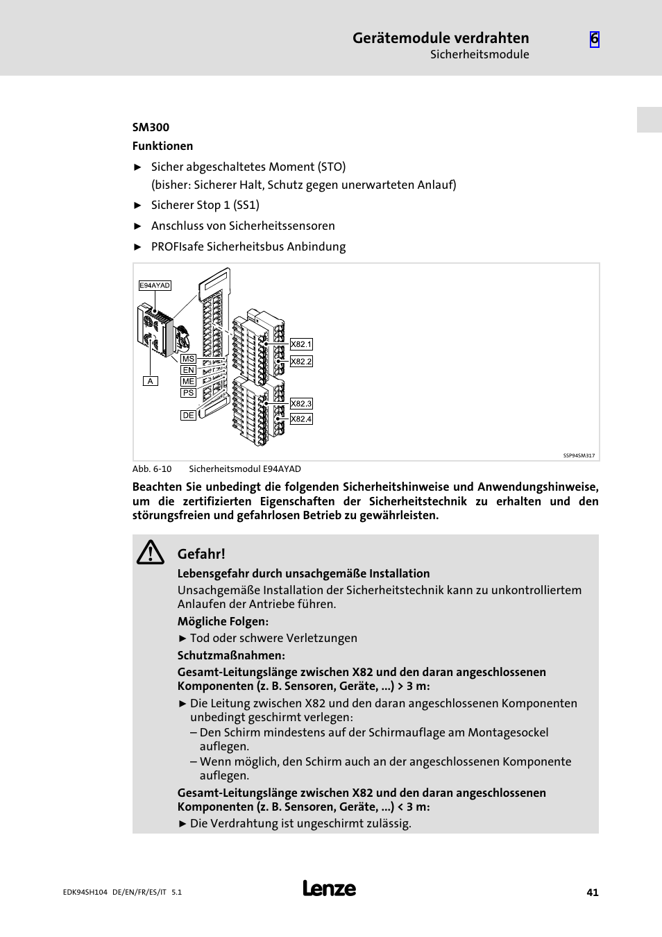 Gerätemodule verdrahten | Lenze E94ASHE Axis Single Drive 32-104A User Manual | Page 41 / 216