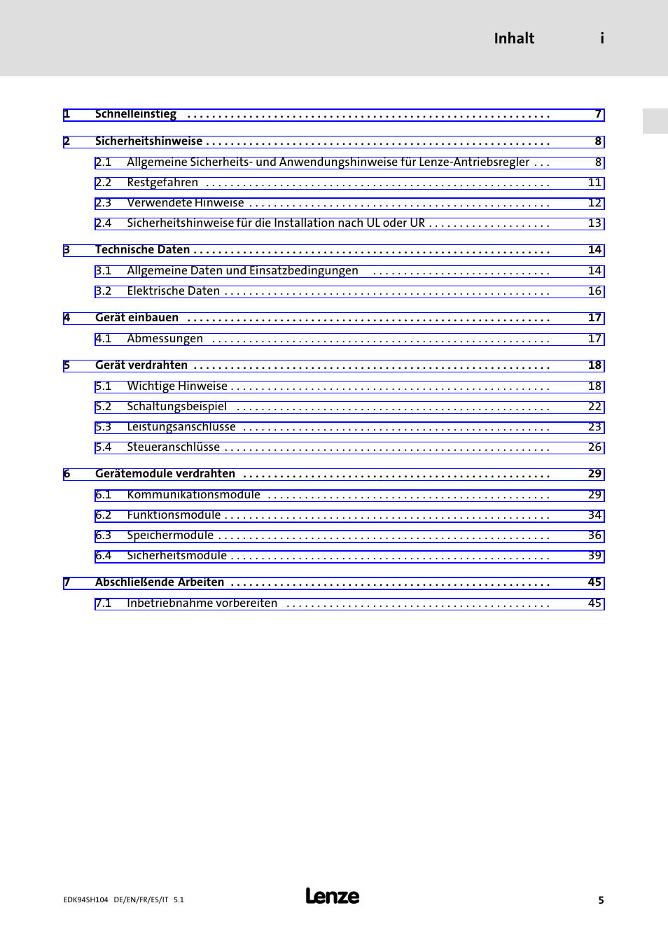 Inhalt, Inhalt i | Lenze E94ASHE Axis Single Drive 32-104A User Manual | Page 5 / 216