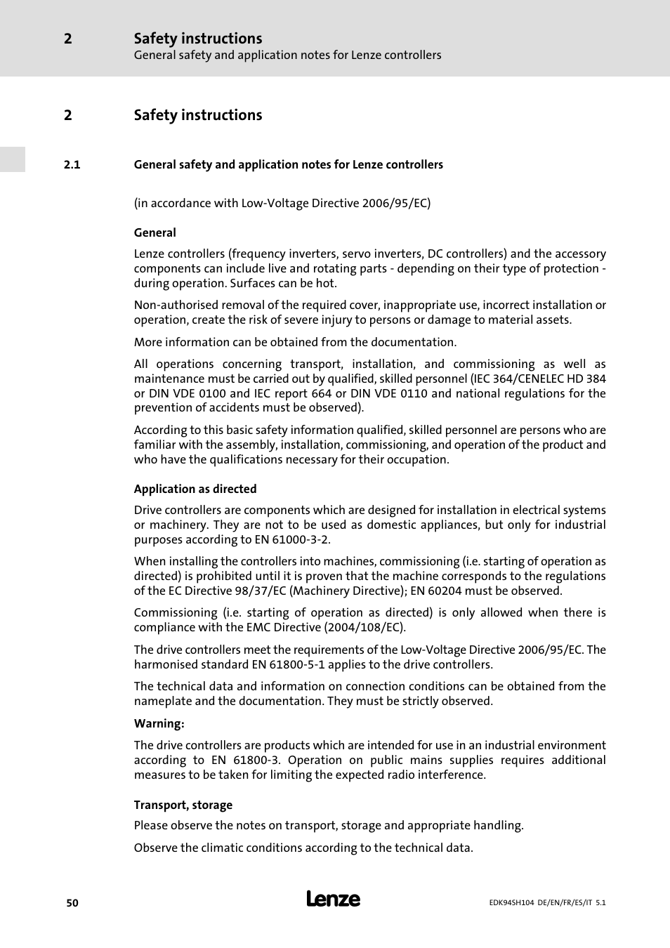 2 safety instructions, Safety instructions, 2safety instructions | Lenze E94ASHE Axis Single Drive 32-104A User Manual | Page 50 / 216