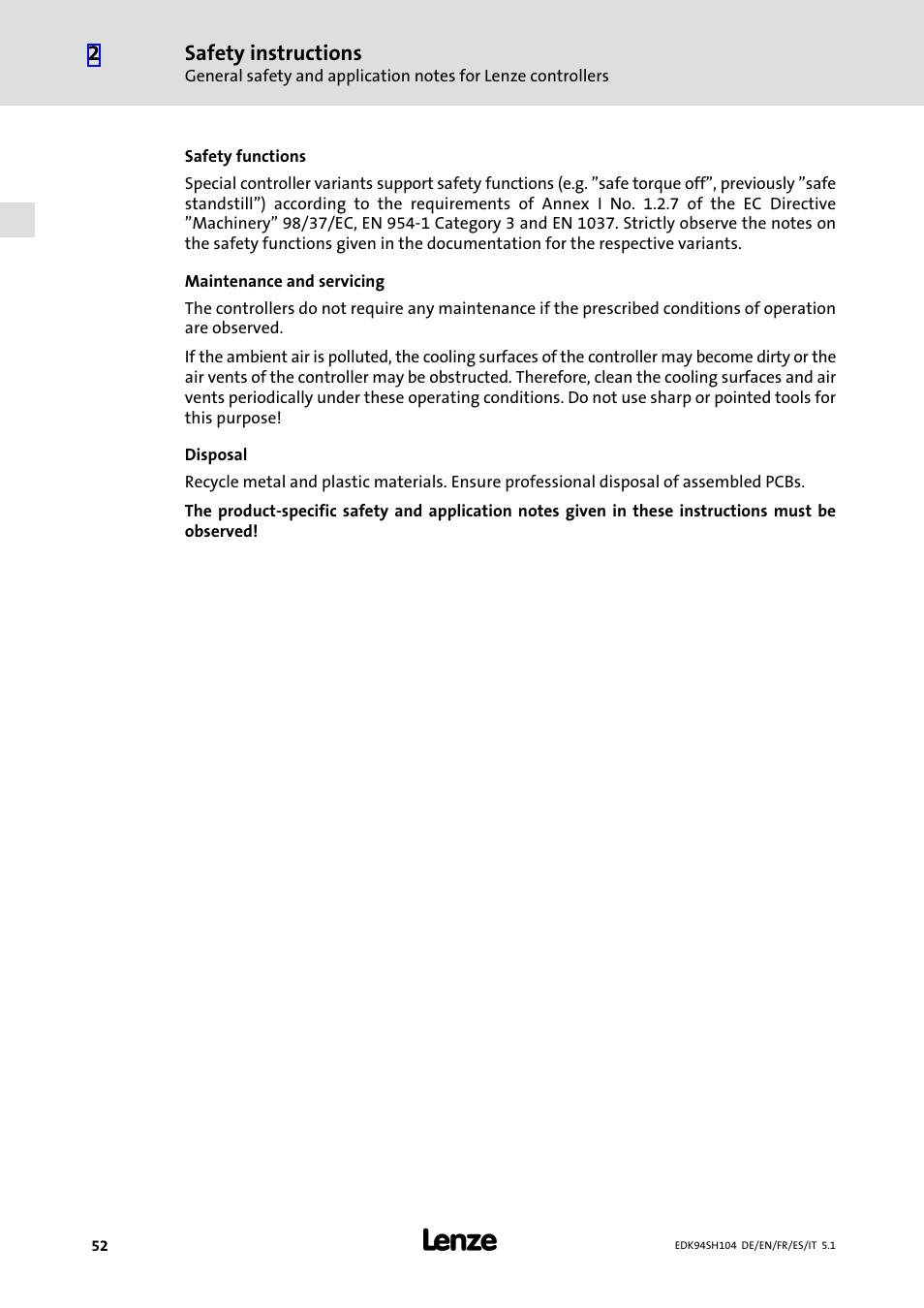 Safety instructions | Lenze E94ASHE Axis Single Drive 32-104A User Manual | Page 52 / 216