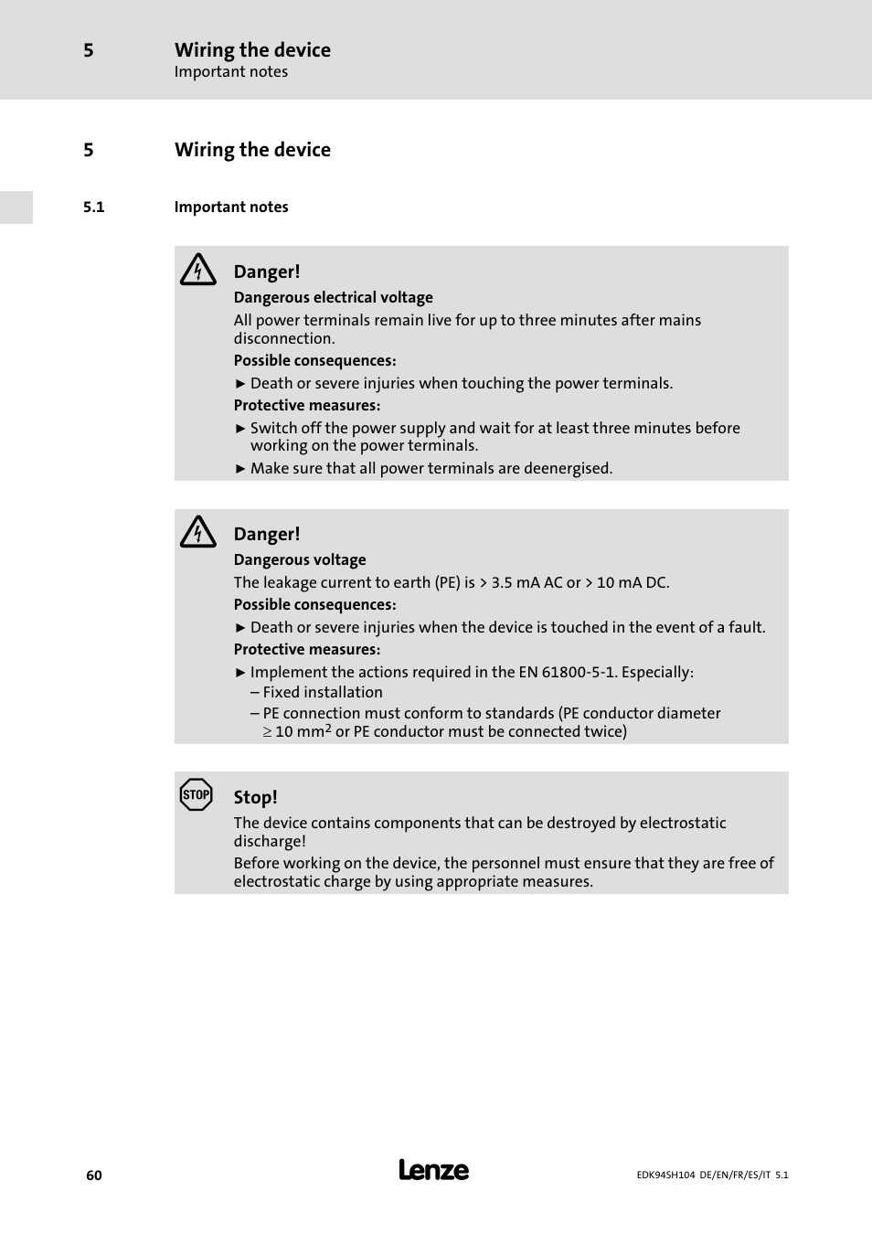 5 wiring the device, 1 important notes, Wiring the device | Important notes | Lenze E94ASHE Axis Single Drive 32-104A User Manual | Page 60 / 216