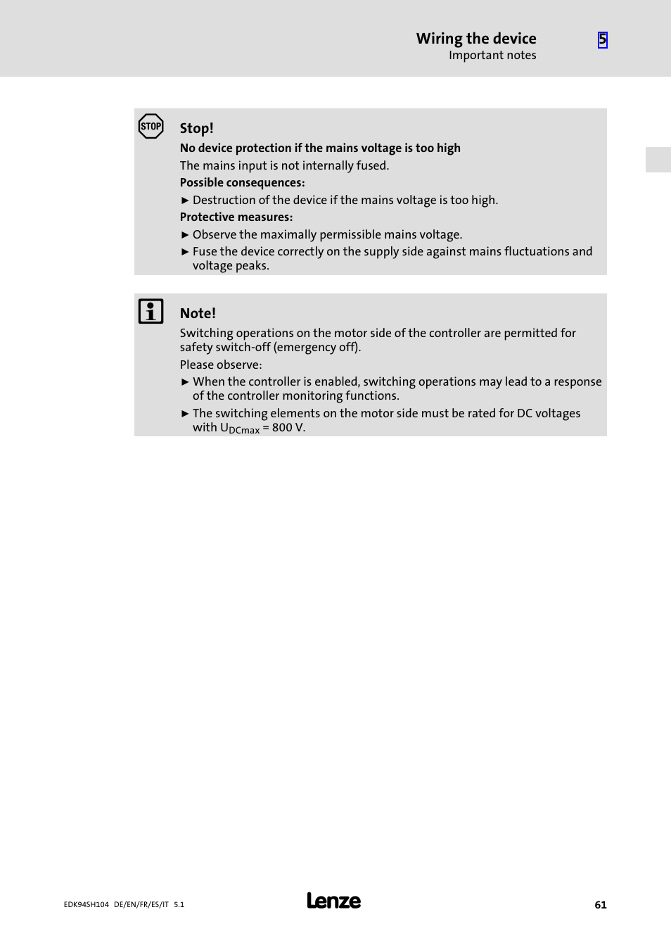 Lenze E94ASHE Axis Single Drive 32-104A User Manual | Page 61 / 216