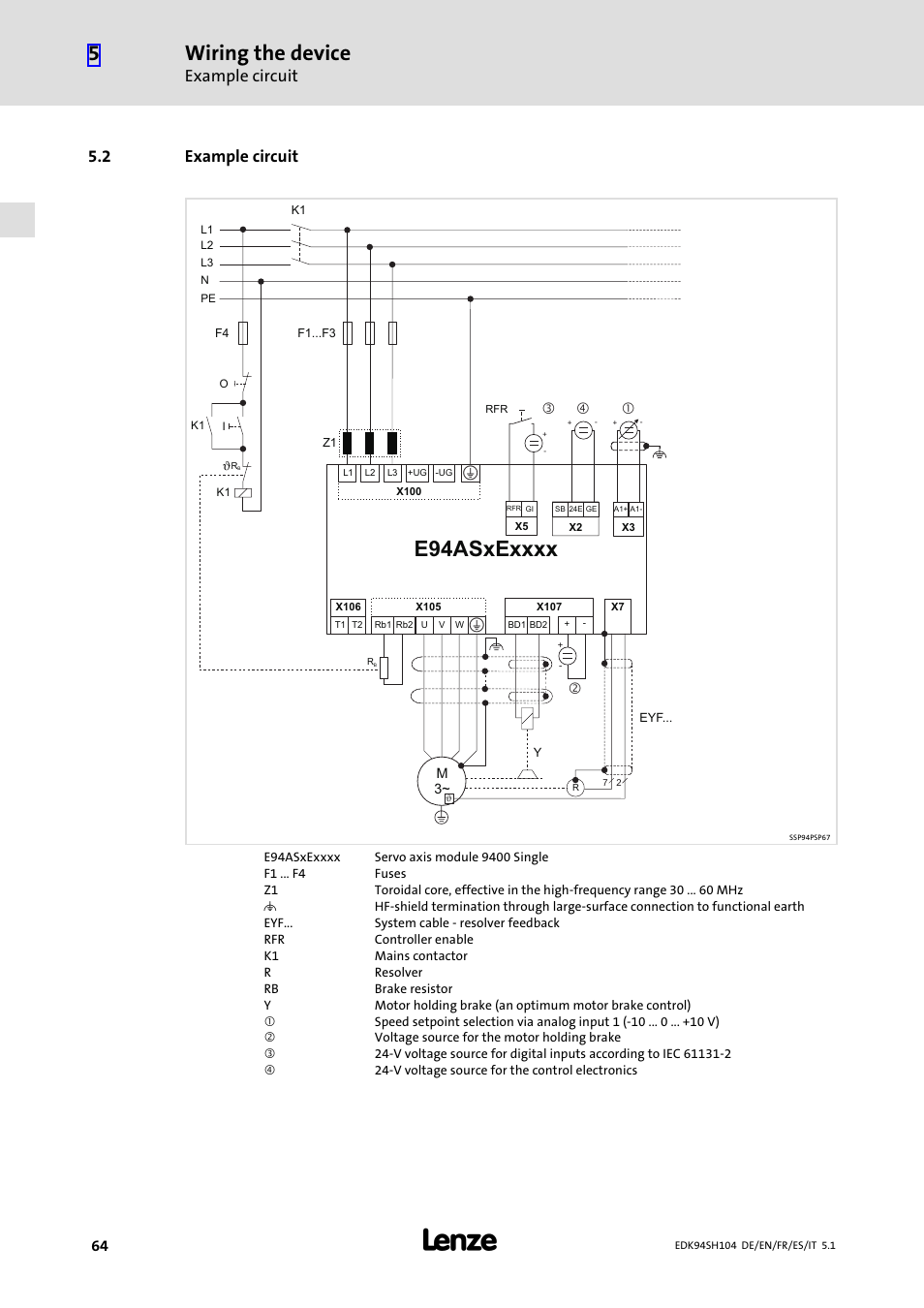 2 example circuit, Example circuit, Wiring the device | Lenze E94ASHE Axis Single Drive 32-104A User Manual | Page 64 / 216
