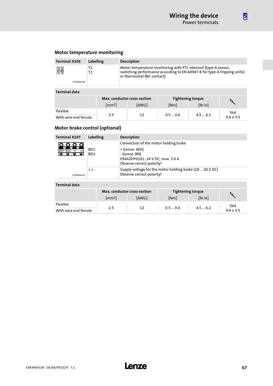 Wiring the device | Lenze E94ASHE Axis Single Drive 32-104A User Manual | Page 67 / 216