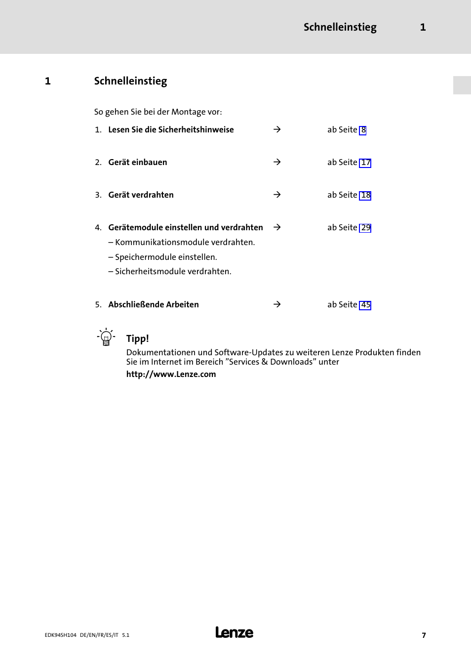 1 schnelleinstieg, Schnelleinstieg | Lenze E94ASHE Axis Single Drive 32-104A User Manual | Page 7 / 216