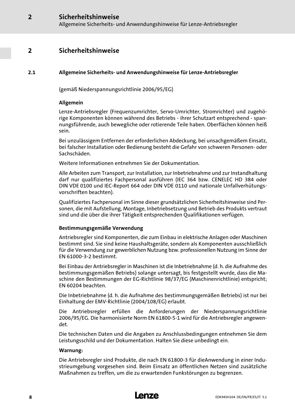 2 sicherheitshinweise, Sicherheitshinweise, Ab seite 8 | 2sicherheitshinweise | Lenze E94ASHE Axis Single Drive 32-104A User Manual | Page 8 / 216