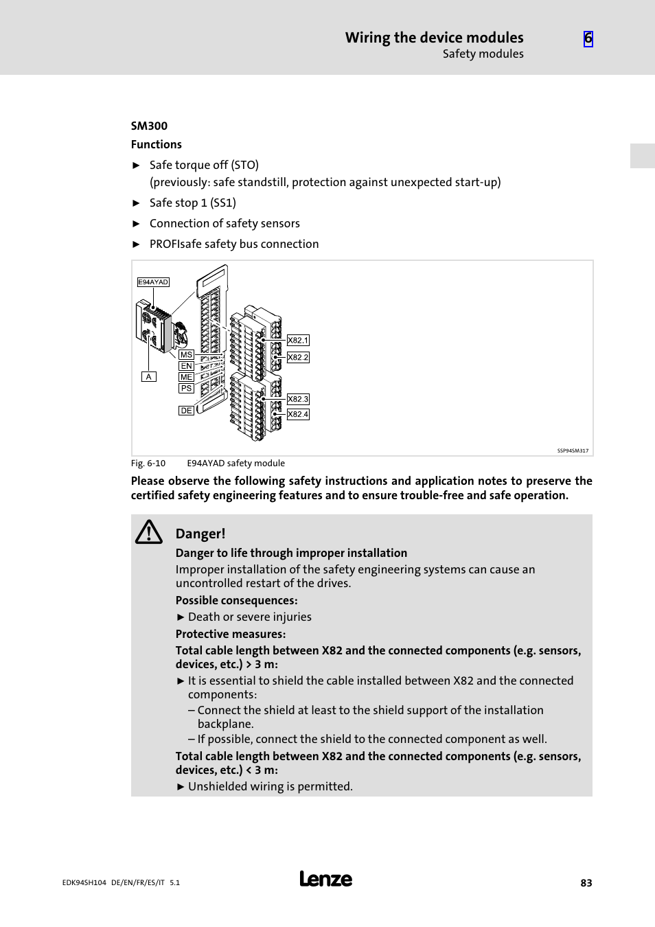 Wiring the device modules | Lenze E94ASHE Axis Single Drive 32-104A User Manual | Page 83 / 216