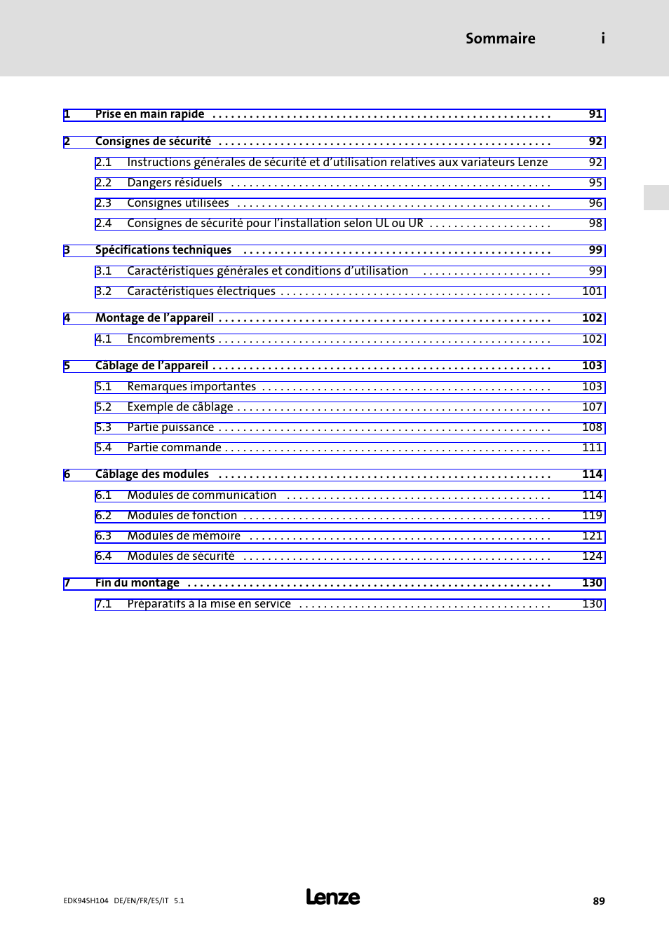 Sommaire, Sommaire i | Lenze E94ASHE Axis Single Drive 32-104A User Manual | Page 89 / 216