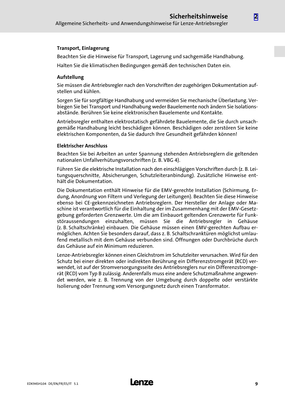 Sicherheitshinweise | Lenze E94ASHE Axis Single Drive 32-104A User Manual | Page 9 / 216