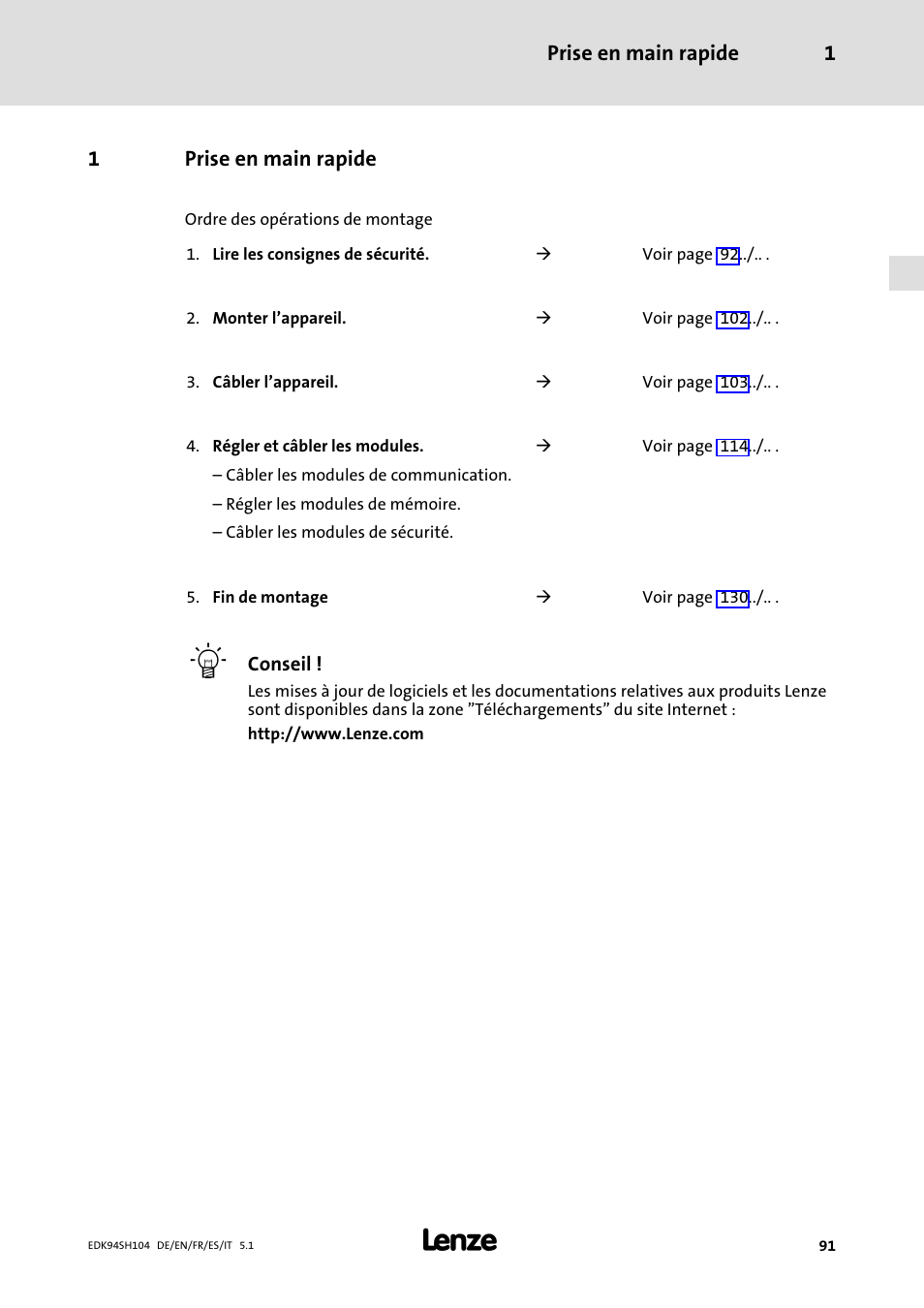1 prise en main rapide, Prise en main rapide | Lenze E94ASHE Axis Single Drive 32-104A User Manual | Page 91 / 216