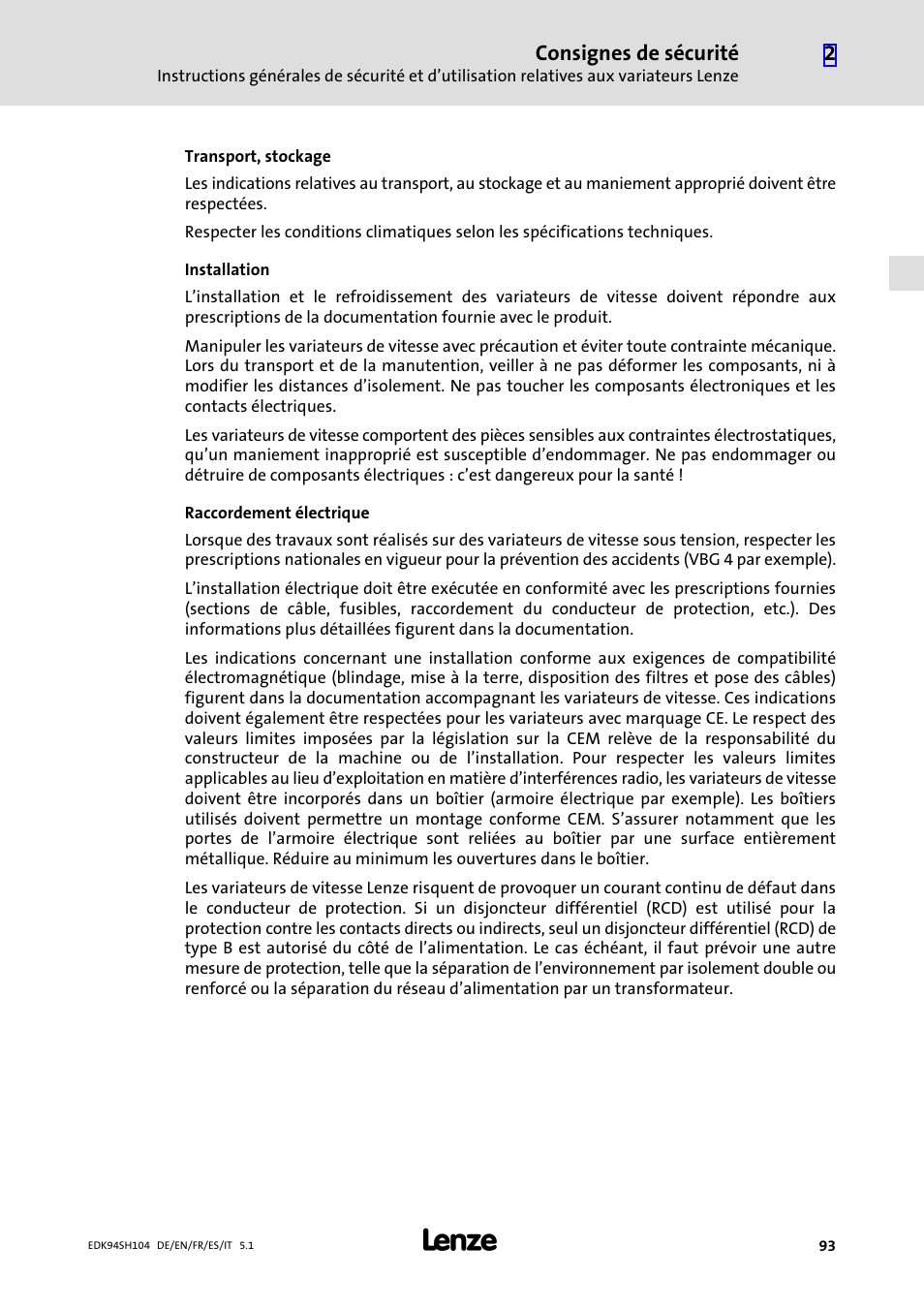 Consignes de sécurité | Lenze E94ASHE Axis Single Drive 32-104A User Manual | Page 93 / 216