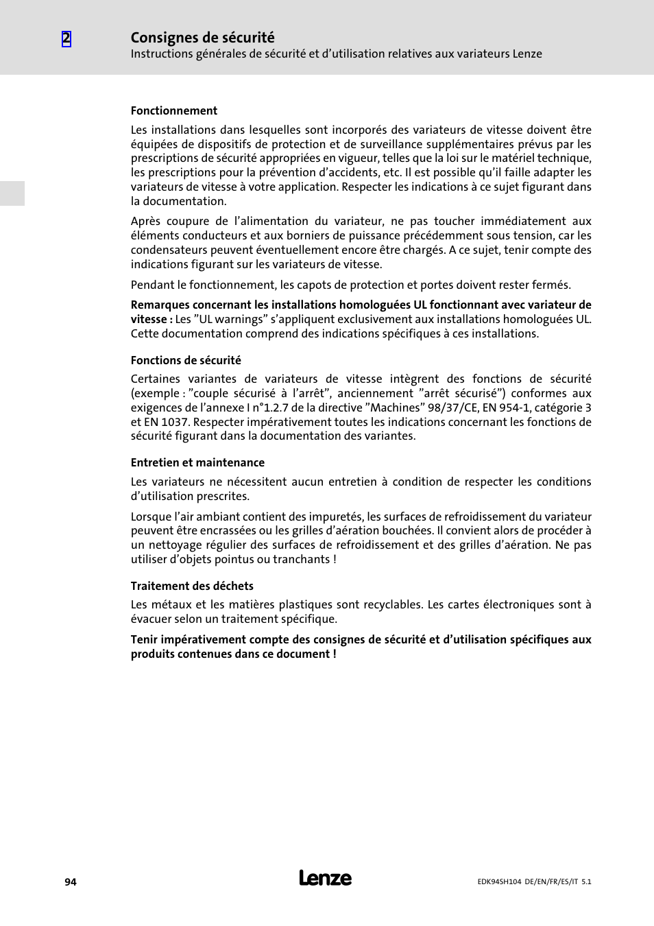 Consignes de sécurité | Lenze E94ASHE Axis Single Drive 32-104A User Manual | Page 94 / 216