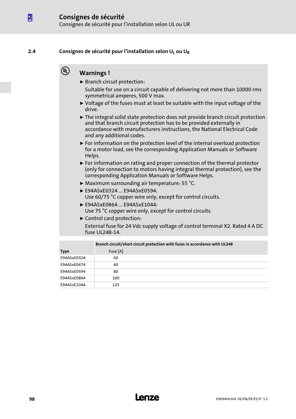 Consignes de sécurité, Warnings | Lenze E94ASHE Axis Single Drive 32-104A User Manual | Page 98 / 216