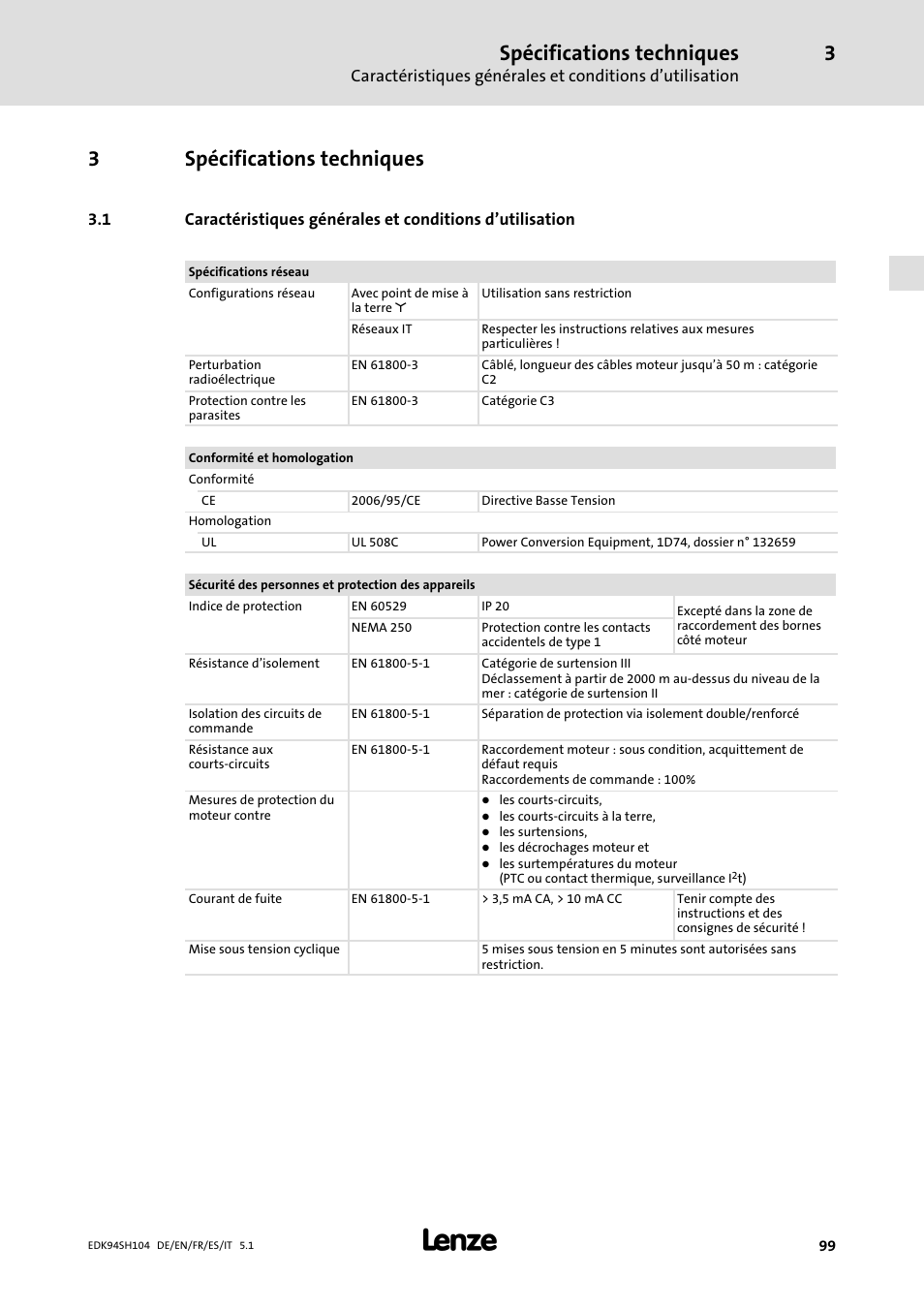 3 spécifications techniques, Spécifications techniques, 3spécifications techniques | Lenze E94ASHE Axis Single Drive 32-104A User Manual | Page 99 / 216