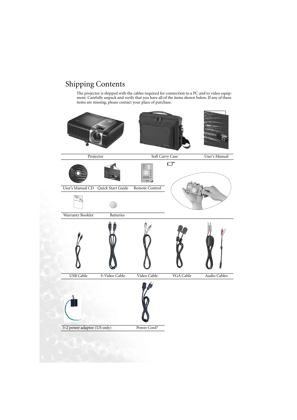 Shipping contents | BenQ PB6210 User Manual | Page 10 / 48