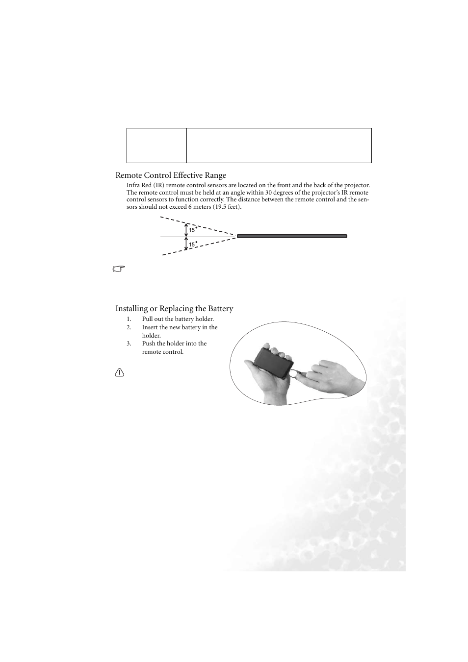 Remote control effective range, Installing or replacing the battery | BenQ PB6210 User Manual | Page 15 / 48