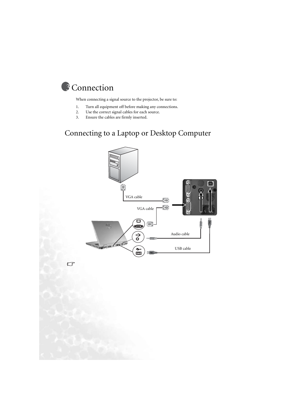 Connection, Connecting to a laptop or desktop computer | BenQ PB6210 User Manual | Page 16 / 48