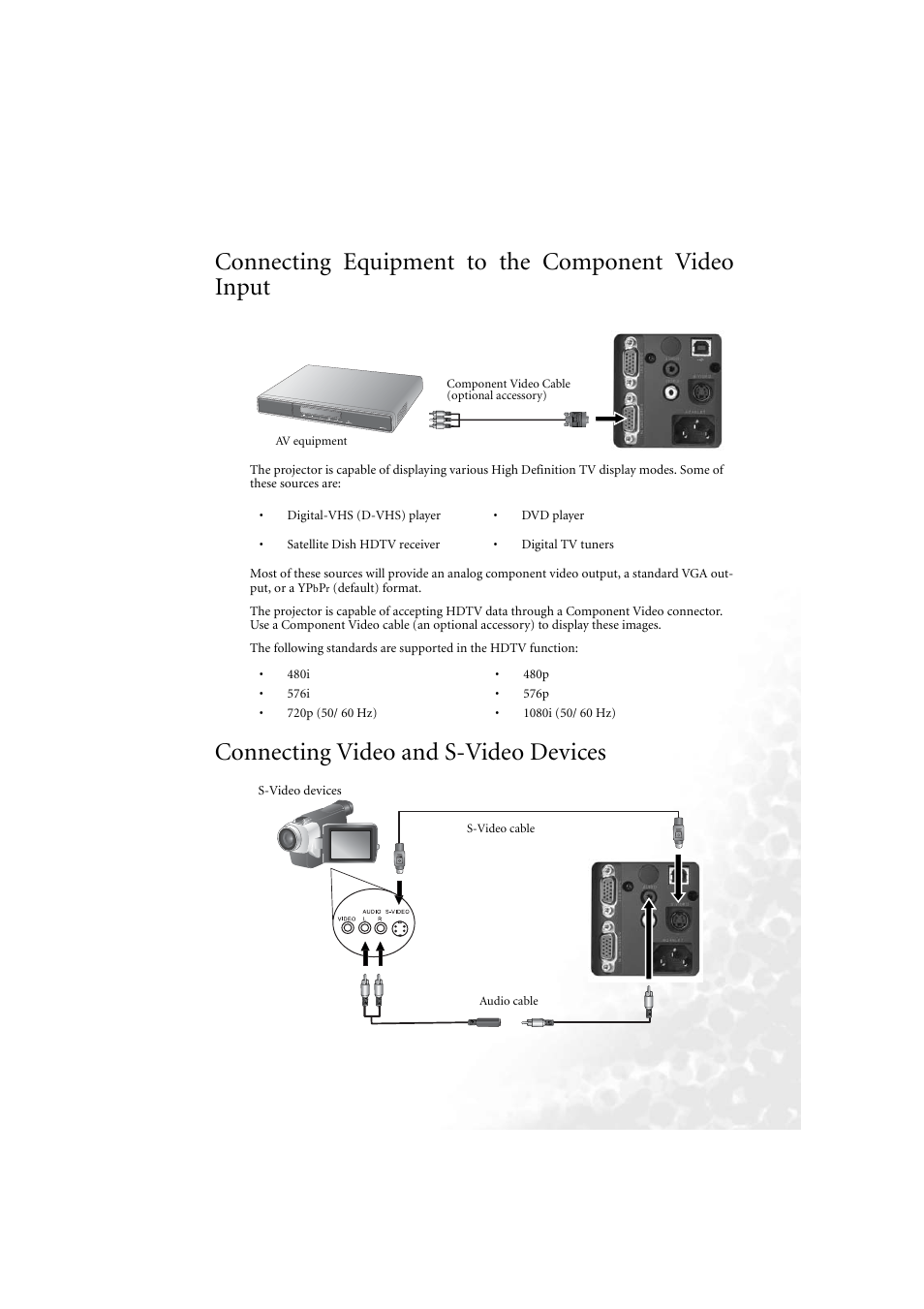 Connecting equipment to the component video input, Connecting video and s-video devices | BenQ PB6210 User Manual | Page 17 / 48