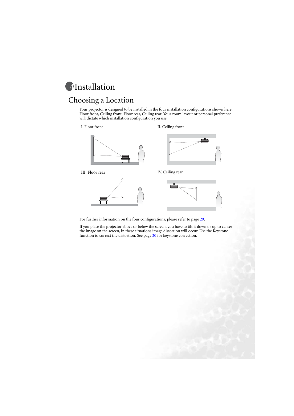 Installation, Choosing a location | BenQ PB6210 User Manual | Page 19 / 48