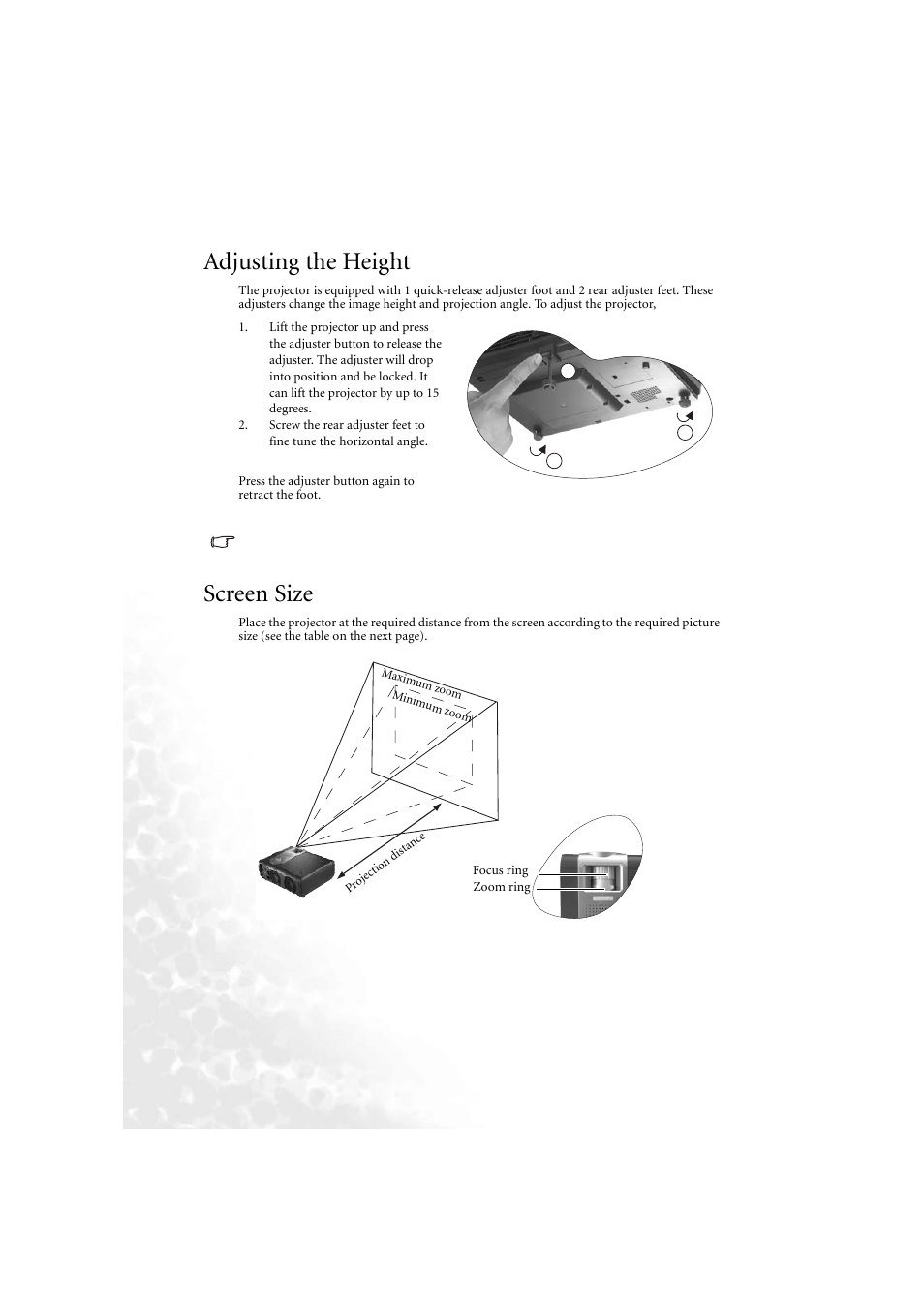 Adjusting the height, Screen size, Adjusting the height screen size | BenQ PB6210 User Manual | Page 20 / 48