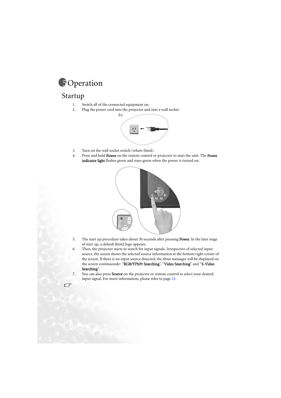 Operation, Startup | BenQ PB6210 User Manual | Page 22 / 48