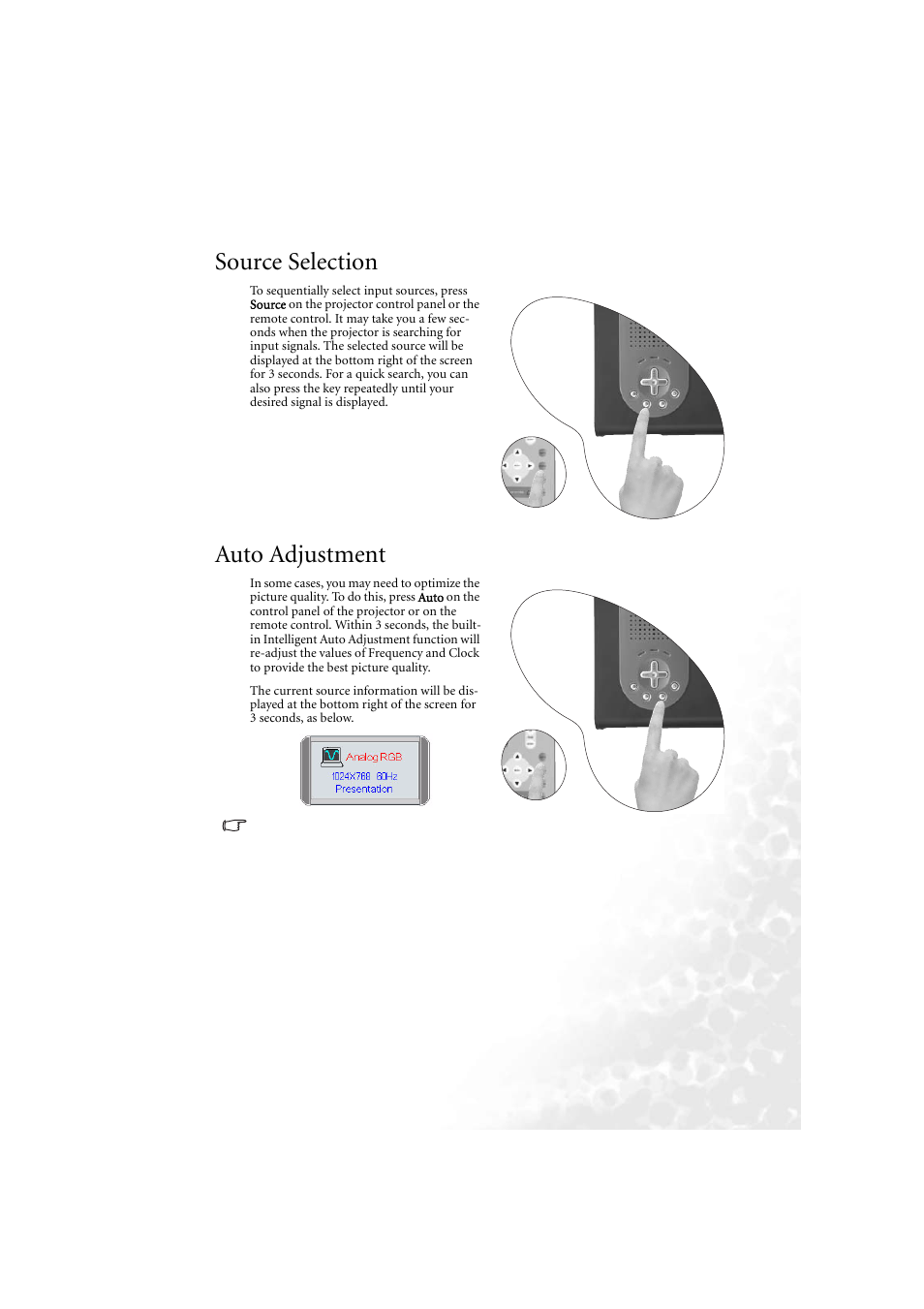 Source selection, Auto adjustment, Source selection auto adjustment | BenQ PB6210 User Manual | Page 25 / 48