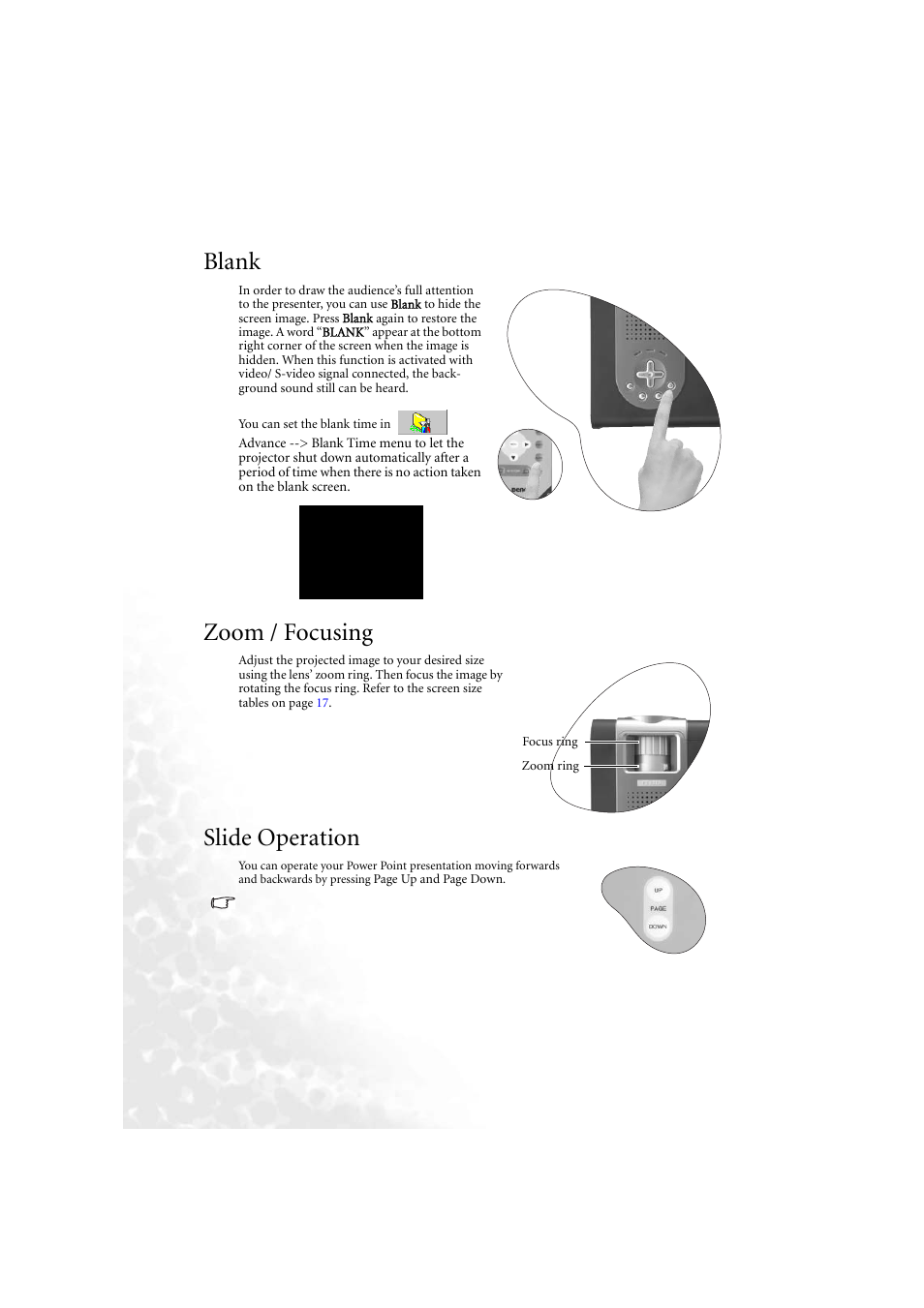 Blank, Zoom / focusing, Slide operation | Blank zoom / focusing slide operation | BenQ PB6210 User Manual | Page 26 / 48