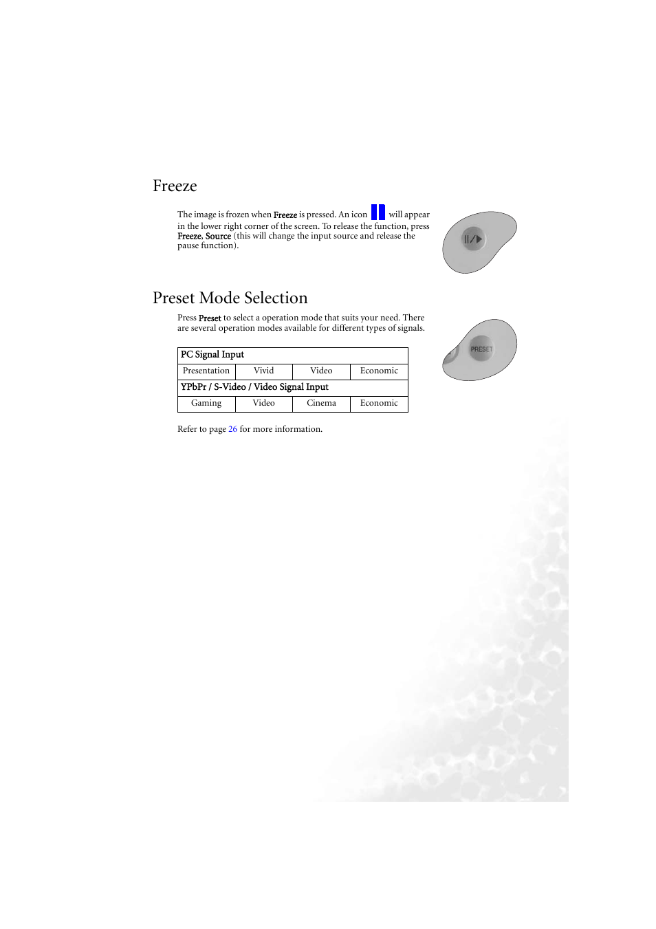 Freeze, Preset mode selection | BenQ PB6210 User Manual | Page 27 / 48