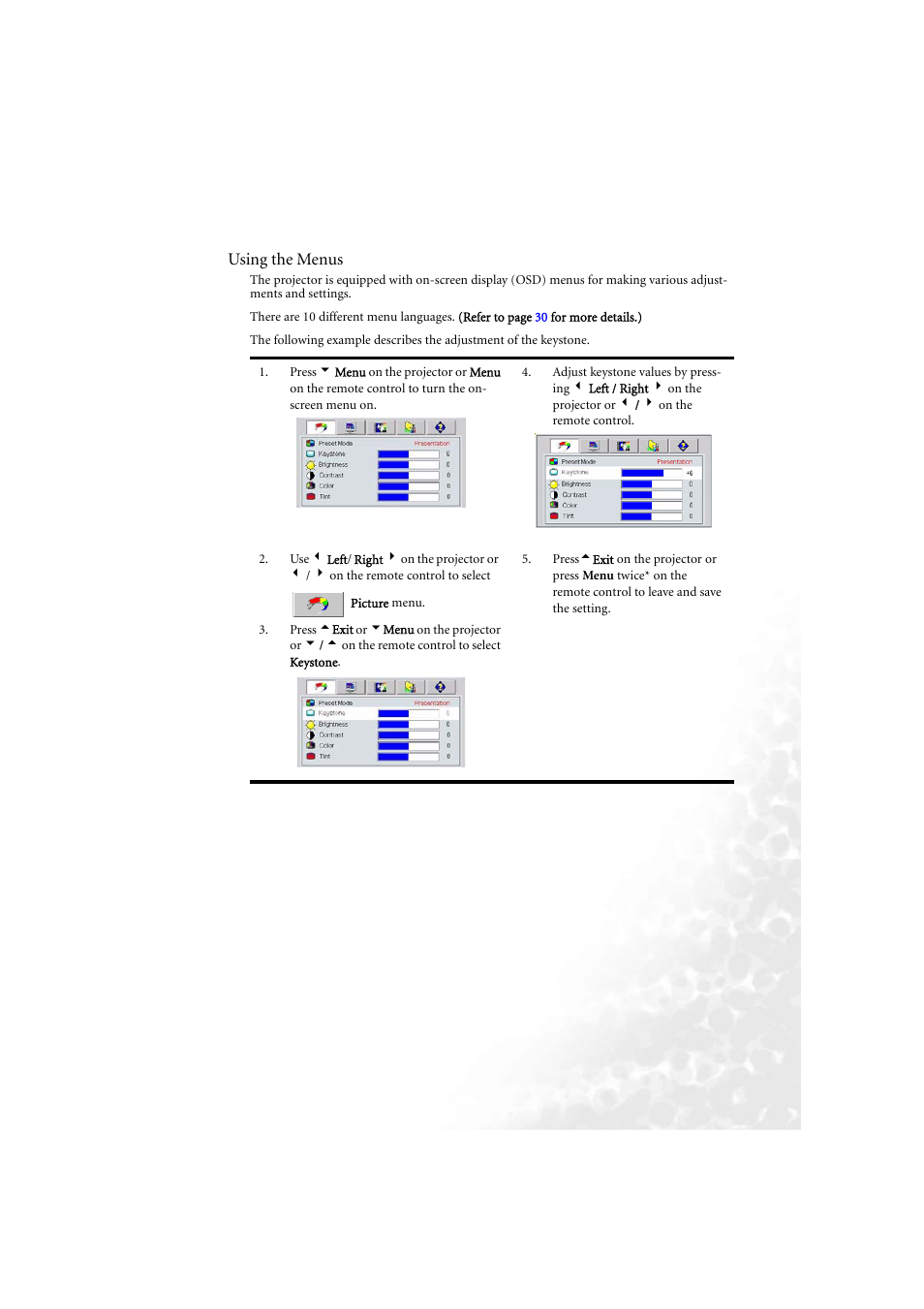 Using the menus | BenQ PB6210 User Manual | Page 29 / 48