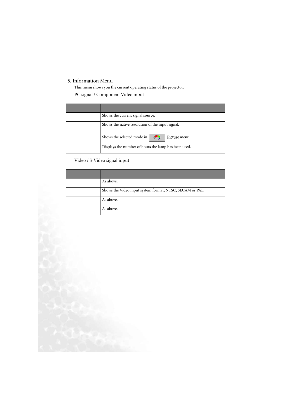 Information menu | BenQ PB6210 User Manual | Page 36 / 48