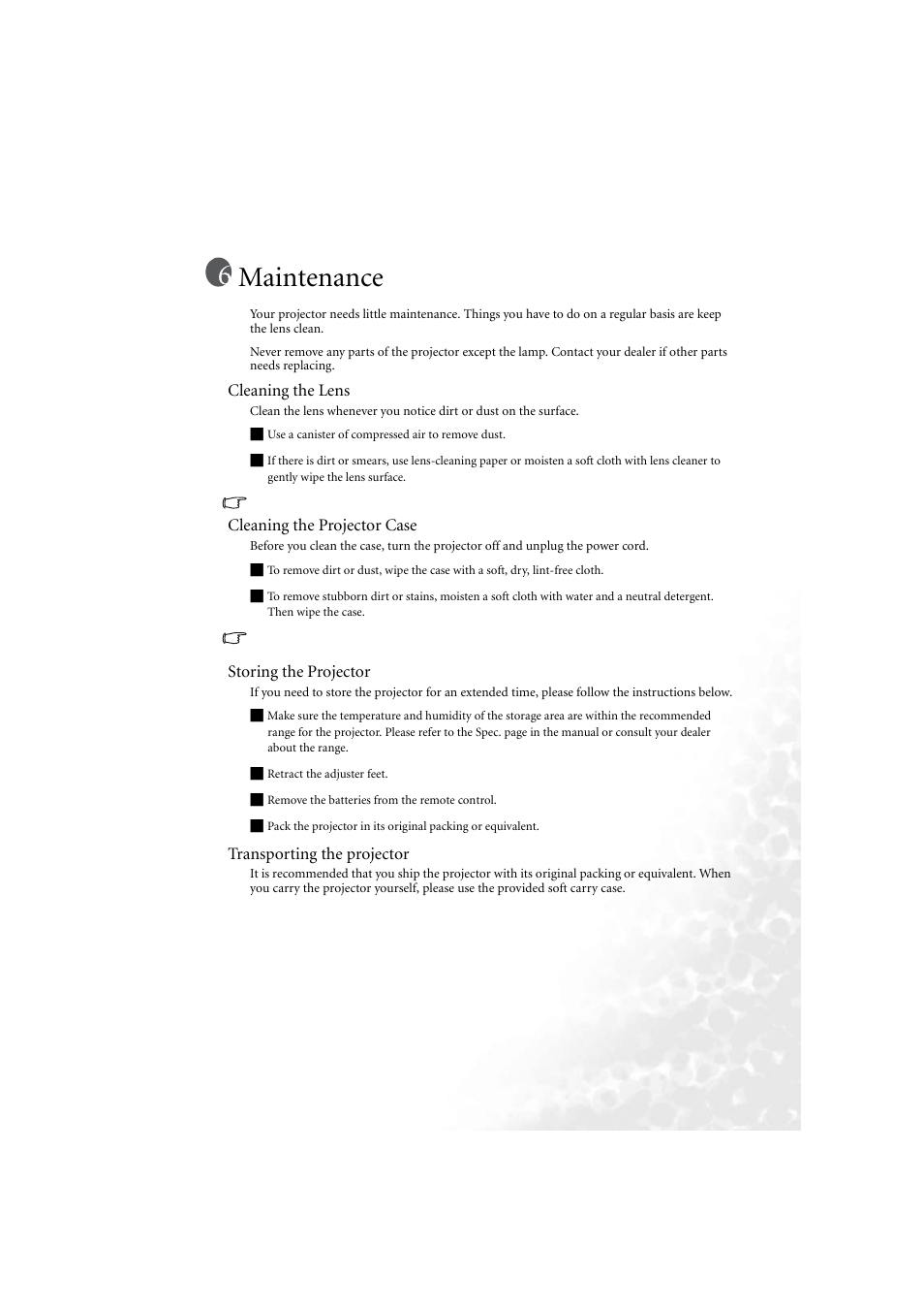 Maintenance, Cleaning the lens, Cleaning the projector case | Storing the projector, Transporting the projector | BenQ PB6210 User Manual | Page 37 / 48