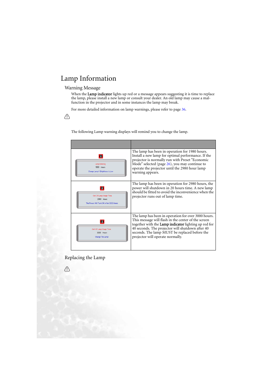 Lamp information, Warning message, Replacing the lamp | Warning message replacing the lamp | BenQ PB6210 User Manual | Page 38 / 48