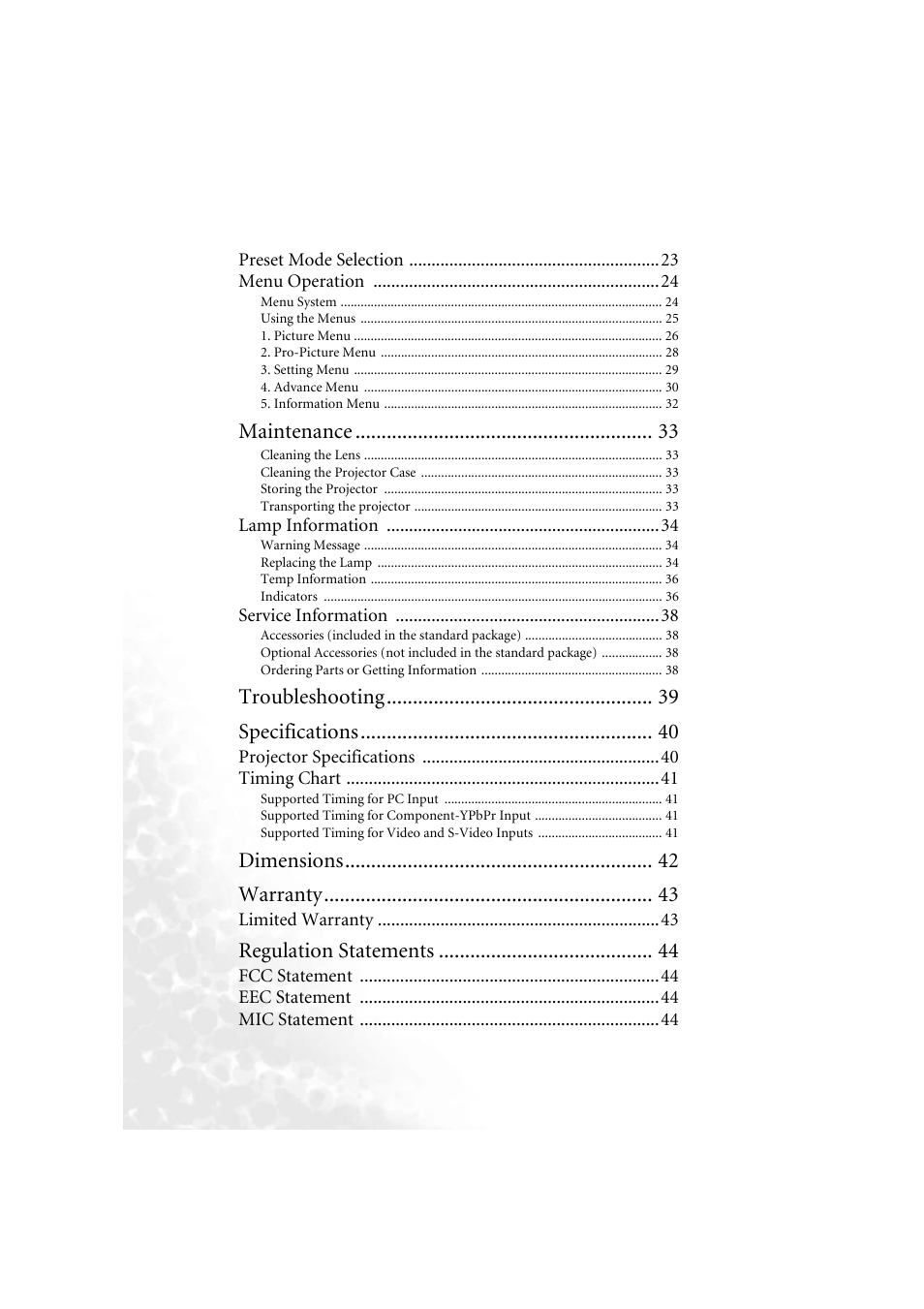 Maintenance, Troubleshooting specifications, Dimensions warranty | Regulation statements | BenQ PB6210 User Manual | Page 4 / 48