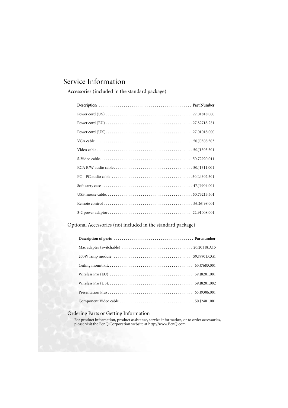 Service information, Accessories (included in the standard package), Ordering parts or getting information | BenQ PB6210 User Manual | Page 42 / 48