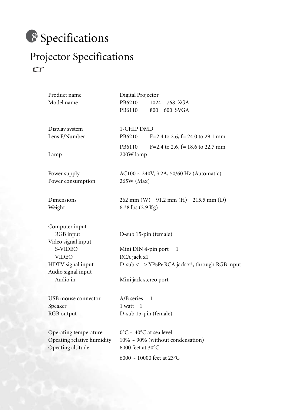 Specifications, Projector specifications | BenQ PB6210 User Manual | Page 44 / 48