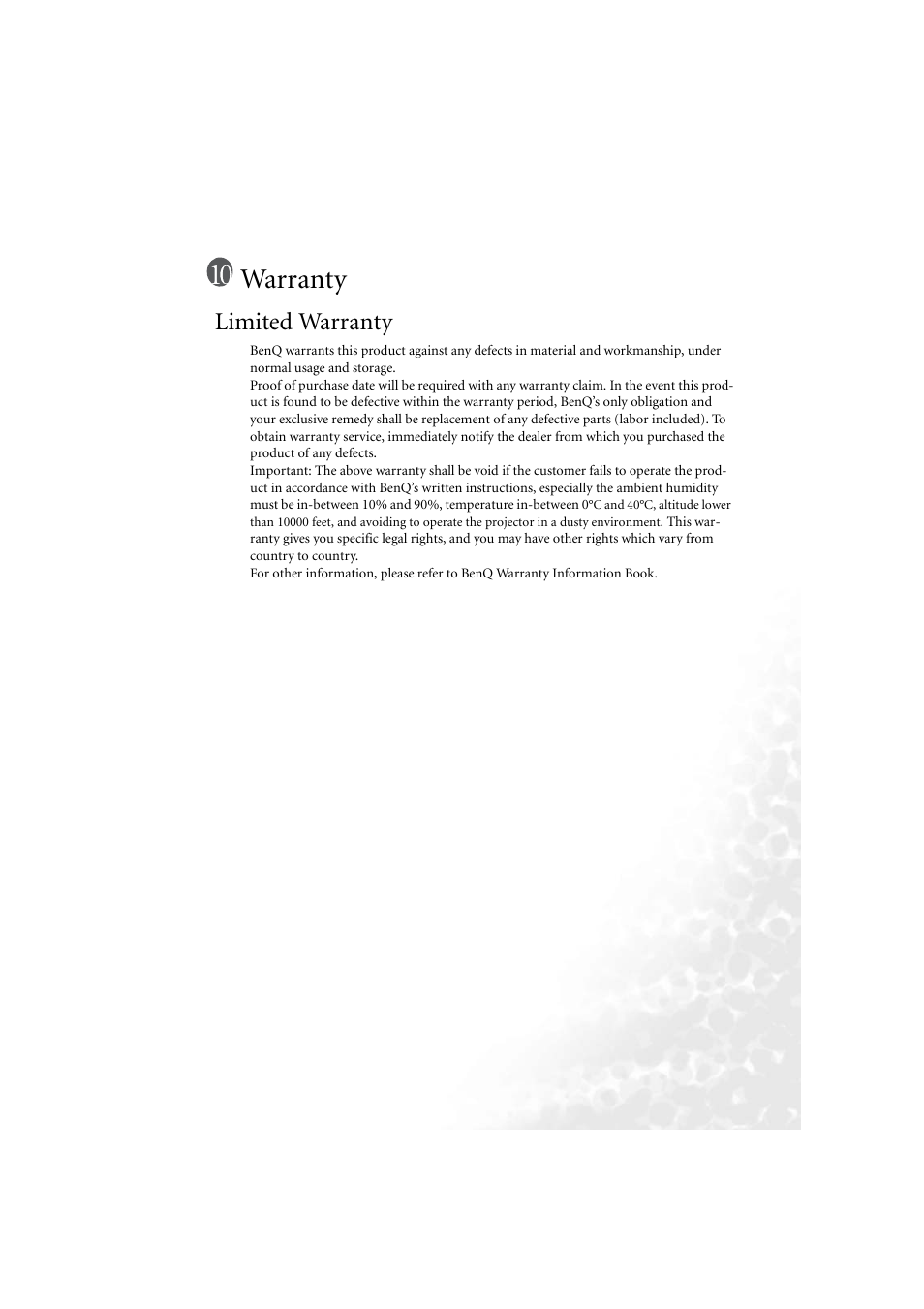 Warranty, Limited warranty | BenQ PB6210 User Manual | Page 47 / 48