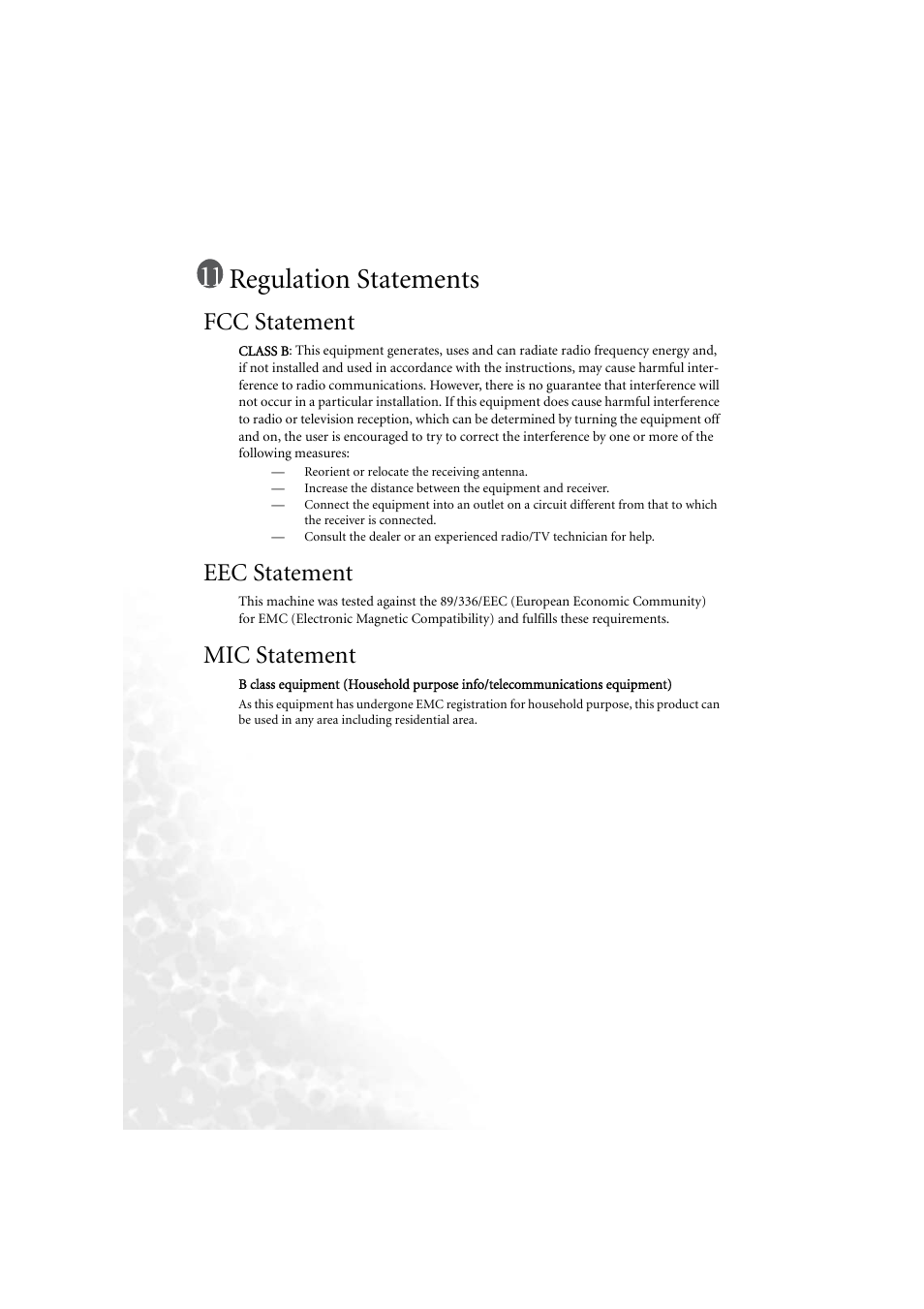 Regulation statements, Fcc statement, Eec statement | Mic statement, Fcc statement eec statement mic statement | BenQ PB6210 User Manual | Page 48 / 48