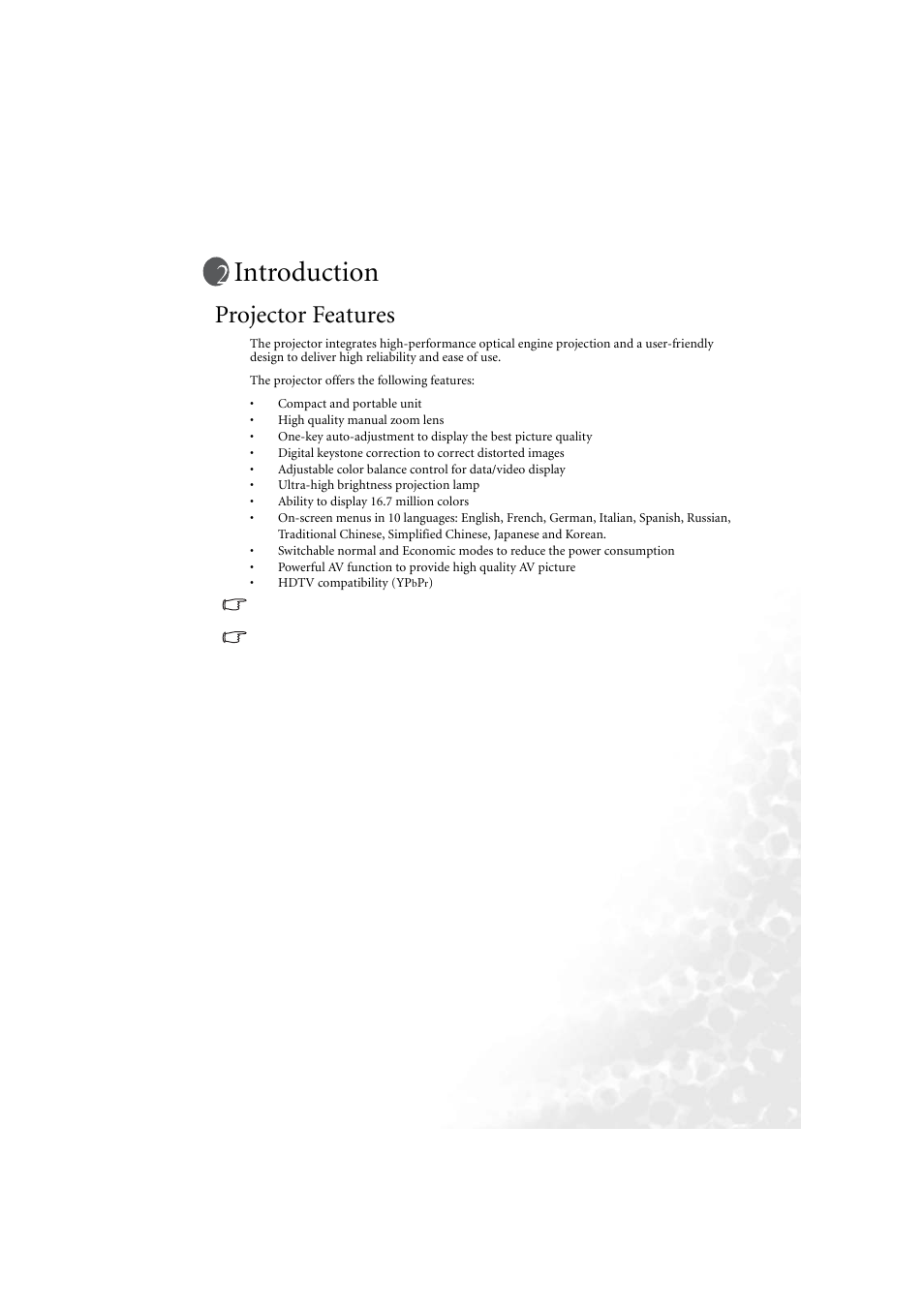 Introduction, Projector features | BenQ PB6210 User Manual | Page 9 / 48