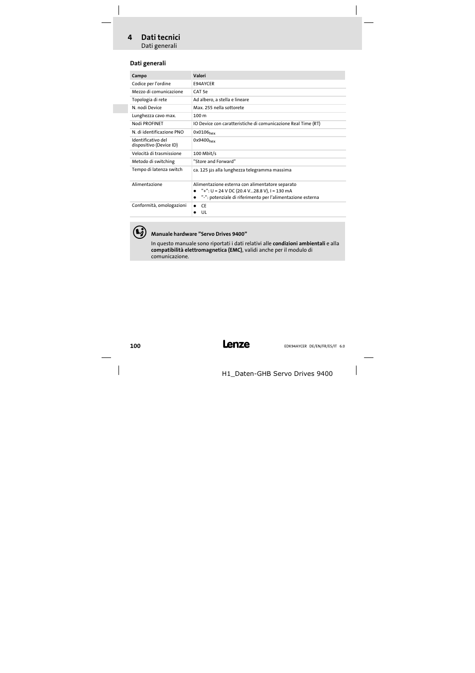 4 dati tecnici, Dati generali, Dati tecnici | 4dati tecnici | Lenze E94AYCER User Manual | Page 100 / 114