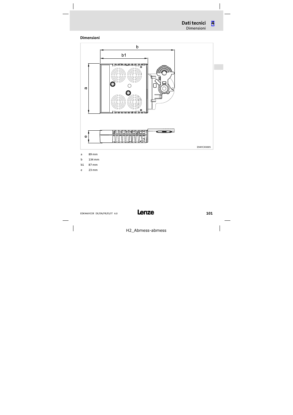 Dimensioni | Lenze E94AYCER User Manual | Page 101 / 114