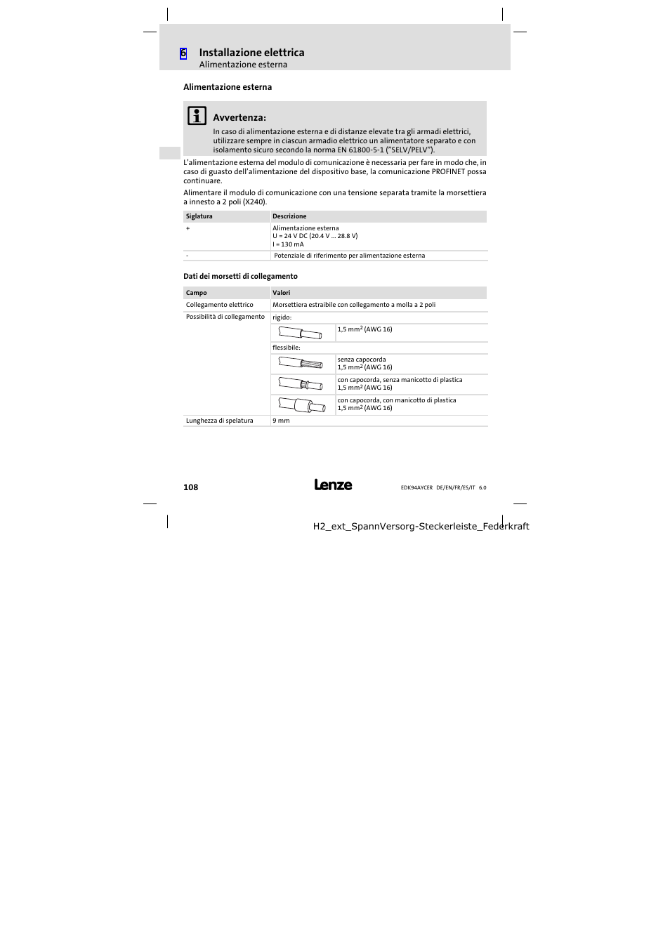 Alimentazione esterna, 6installazione elettrica | Lenze E94AYCER User Manual | Page 108 / 114