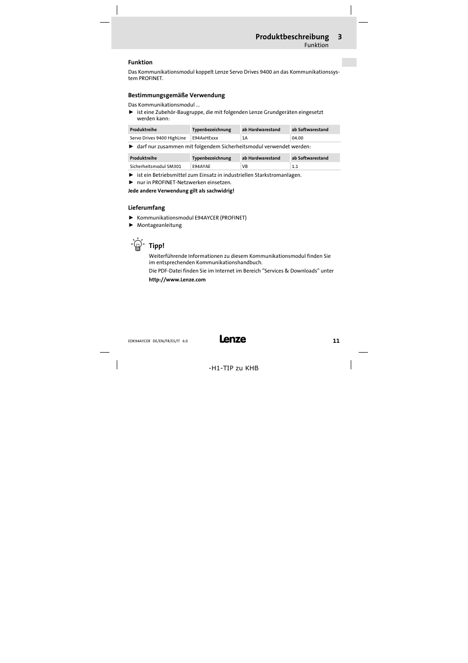 3 produktbeschreibung, Funktion, Bestimmungsgemäße verwendung | Lieferumfang, Produktbeschreibung 11, Produktbeschreibung | Lenze E94AYCER User Manual | Page 11 / 114