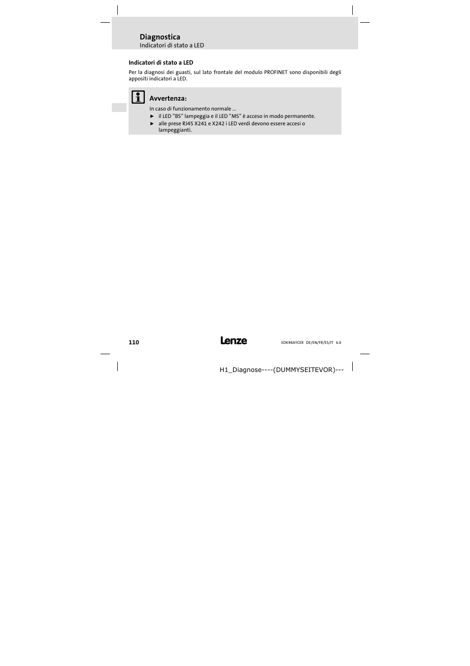 8 diagnostica, Indicatori di stato a led, Diagnostica | Lenze E94AYCER User Manual | Page 110 / 114