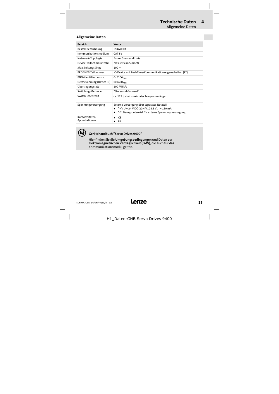 4 technische daten, Allgemeine daten, Technische daten | Lenze E94AYCER User Manual | Page 13 / 114