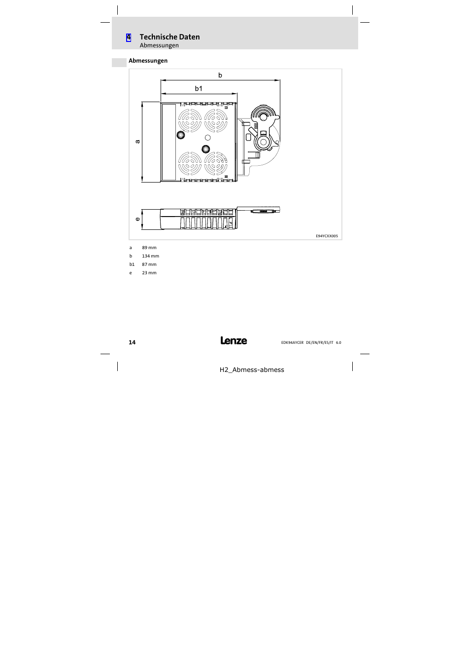 Abmessungen | Lenze E94AYCER User Manual | Page 14 / 114