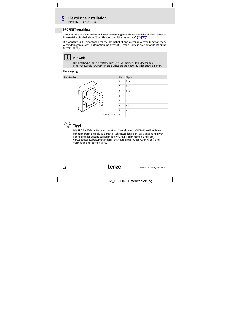 Profinet-anschluss, Profinet−anschluss, 6elektrische installation | Lenze E94AYCER User Manual | Page 18 / 114