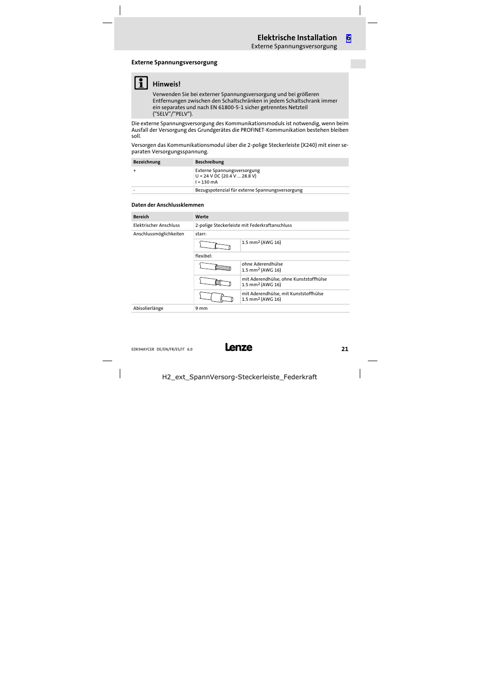 Externe spannungsversorgung, Elektrische installation | Lenze E94AYCER User Manual | Page 21 / 114